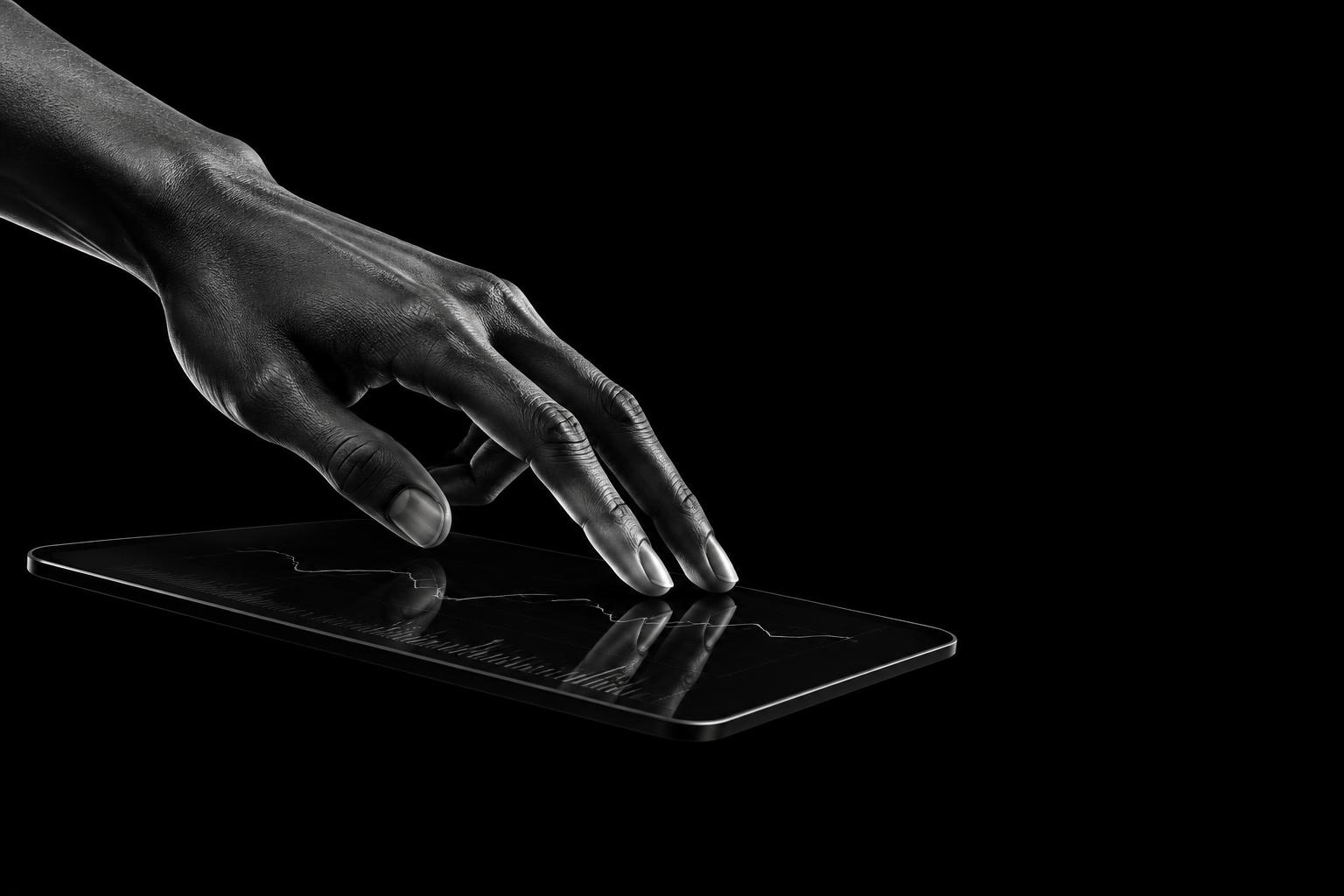 A luminous hand swipes across a floating tablet