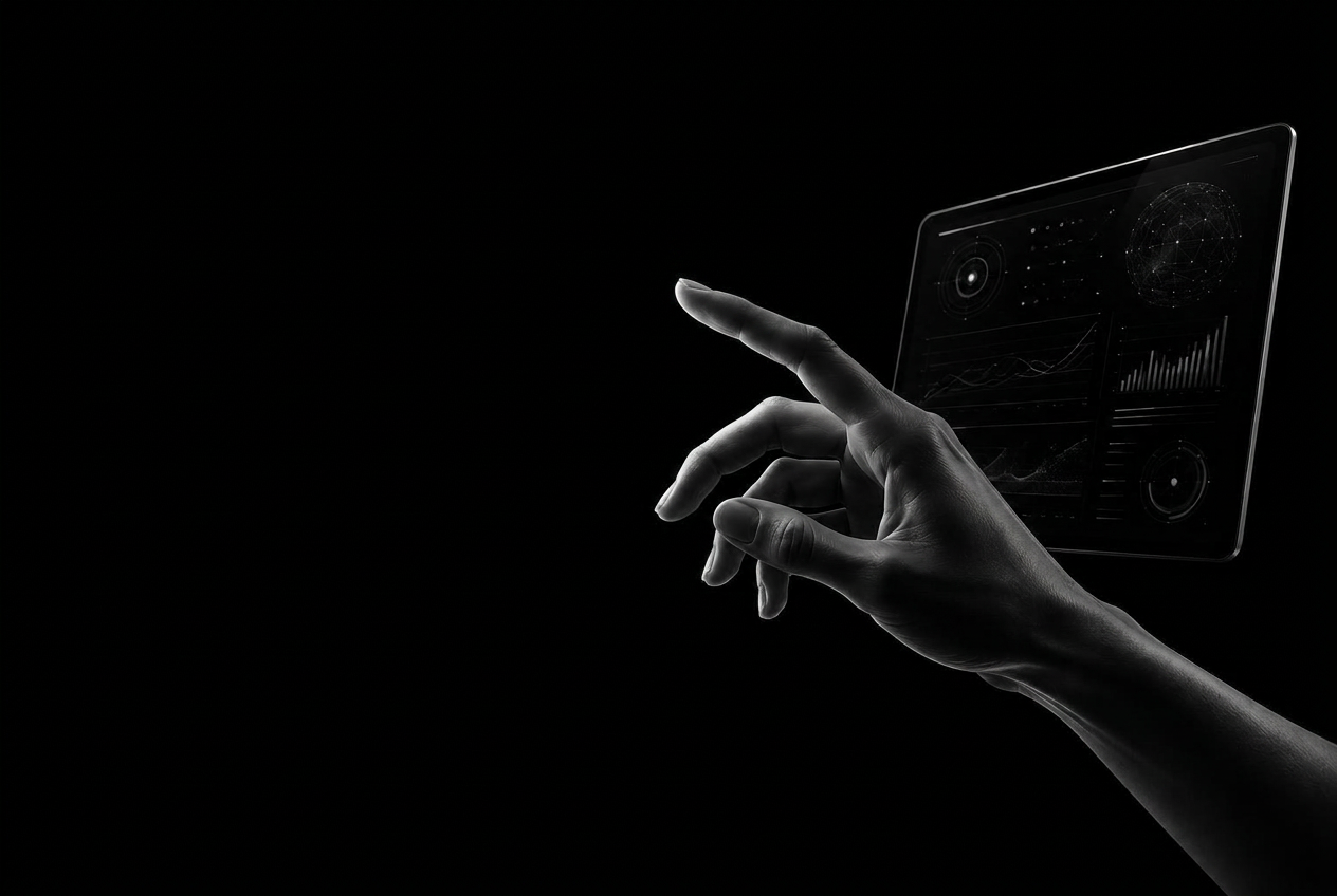 A sculptural hand reaches toward light beside a floating digital screen